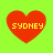 Four red heart shapes with yellow text "SYDNEY" on a bright green background, arranged in a