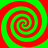 Four spirals in alternating red and green colors arranged in a pattern on a solid background