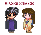 Pixel art of two anime-style characters in a , with one character's eyes changing expression across frames