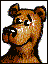 Pixelated cartoon dog head in three distinct poses with varying expressions and mouth positions against white backgrounds.