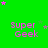 Green background with pink 'Super Geek' text and scattered pink stars in a static