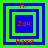 Four square display layered blue and green borders with red text 'Hi' top, 'Here' bottom, and 'Zok' center; each shows distinct border layering variations