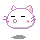 Pixelated white cat head with pink inner ears and cheeks, black horizontal eyes, purple whiskers, gray shadow below; mouth alternates between circular opening and square opening