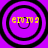 Four identical circular icons with black concentric rings on a purple background, each containing yellow text and a small smiley face.
