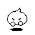 Pixelated white character with rounded head and small tuft, standing on black base, showing multiple poses with clenched fists, raised hand, and small circular object held in hand.