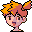 Pixelated character with spiky orange hair and pink face, two expressions shown side-by-side on gray background.