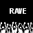 Black background with white pixelated text 'RAVE' repeated twice above a of raised hands in grayscale