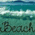 A beach scene with turquoise water and white waves, featuring a silhouette of a woman standing on the right side under a light blue sky.