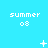 Pixelated blue background with repeated 'summer 08' text and animated white symbols changing across frames.