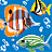 Pixelated underwater scene with three fish and bubbles on blue background, next to green text reading Original Icons .com.
