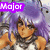Pixelated anime-style character with purple hair and silver armor, shown in three variations of facial expression and text labels.
