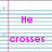 Pixelated text on lined paper background with pink lettering and light blue horizontal lines.