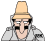 Animated cartoon character with tan fedora, black mustache, and gray jacket displays changing eye expressions across frames.