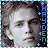 A 48x48 pixel animated buddy icon featuring a grayscale portrait of a person with curly hair, bordered by blue plus signs and vertical text reading "HAYDEN" on the right side.