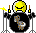 Pixelated character with yellow face and black body plays drums, holding cymbals on gray background.
