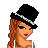 A 4x3 contact sheet of pixel art frames showing a cartoon woman with curly red hair, blue eyes, and a black top hat with white trim across multiple poses and outfits including a silver sequined dress, fishnet stockings, and high heels.