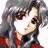 Pixelated static image of a character with long dark hair, brown eyes, and red clothing against a white background.