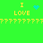 Green background with yellow text "I LOVE" repeated in four corners, blue pixelated heart and starburst symbols, and yellow question mark patterns.