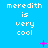 Blue background with repeated white text 'meredith is very cool' and scattered pink star-like shapes.