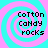 Four identical display a cyan and pink spiral background with pixelated text reading "CoTToN CaNDy rOCKs" in black