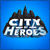 Four- shows City of Heroes logo variations and a character in red armor with silver helmet against blue background
