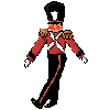 Pixelated figure in red coat with black pants and tall hat, performing walking animation