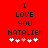 Red background with black text reading "I LOVE YOU NATALIE!!" and five pixelated hearts below, two white on left, one pink in center, two white on right.