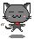 Pixel art cat avatar with gray body, white inner ears, pink cheeks, and red bow tie in multiple poses including front-facing, side view, and back view.