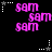 Pixelated pink text 'sam' repeated three times in a pattern on a black background, with white and gray star-shaped corner markers