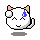 Pixel art contact sheet showing two frames of a white cat-like mascot with blue tears, peach ears, and black outlines on gray background.