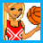 Pixelated cartoon of a blonde girl in red cheerleading outfit holding basketball next to star-shaped text "Sporty Shorty" on light blue background