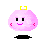 Pixelated pink character with yellow crown-like accessory, black eyes, pink mouth, and red cheek marks in four distinct poses against gray background.