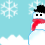 Pixelated snowman with black top hat and red scarf against light blue background with white snowflakes.