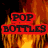 Pixelated text and symbols on a fiery background with red, black, and orange colors.