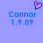 Pixelated blue background with purple heart symbol above two identical text blocks reading 'Connor' and '1.9.09'.