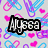 Pixelated text labels 'Alyssa', 'love', 'her', and 'RFLY' appear over a repeating pattern of pink, purple, and blue paperclips with small pink hearts on a light gray background.