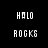 Pixelated text 'HALO ROCKS' appears in white on a black background with red gradient halos, transitioning between four distinct states.