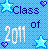 Pixelated blue background icon with 'Class of 2011' text, four light blue stars, and two purple hearts in corners.