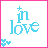 A 4-frame animated contact sheet showing a pixelated "in love" text icon with pink border and heart accents, each frame displaying slight variations in heart positions.