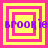 Four identical square with yellow and pink concentric borders, each containing purple text reading 'brookie' in a pixelated font