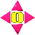 Six variations of a pixelated icon with yellow 'O' center and pink geometric shapes on gray background, showing animation changes.