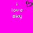 A static image with a bright pink background displays white text reading "i love sky" on both sides of a black pixelated heart symbol.