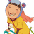 Pixelated cartoon character in yellow robe with red trim, blue headpiece featuring pink ear-like shapes, holding a teal and white object.