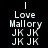 White pixelated text on black background arranged in vertical with repeated 'JK JK' patterns and 'Love Mallory' at top and bottom