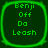 Four identical green pixelated squares with rounded corners display text: 'Benji Off Do Leash' on a dark background.
