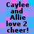 Pixelated text reads 'Caylee and Allie love 2 cheer!' on a blue-purple pixel background with pink accents