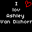 A static pixel art image with white text and a red heart symbol on black background, displaying 'I lov Ashley Van Dixhorr' in two mirrored