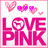 Pixelated graphic with pink hearts above bold pink text reading LOVE PINK on a white background with a pink border.