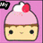 Pixelated cupcake icon with pink frosting, white swirl, red cherry on top, and brown base against purple background.