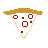 Pixelated pizza slice icon with pepperoni and cheese, surrounded by multiple lines of yellow text expressing love for pizza.